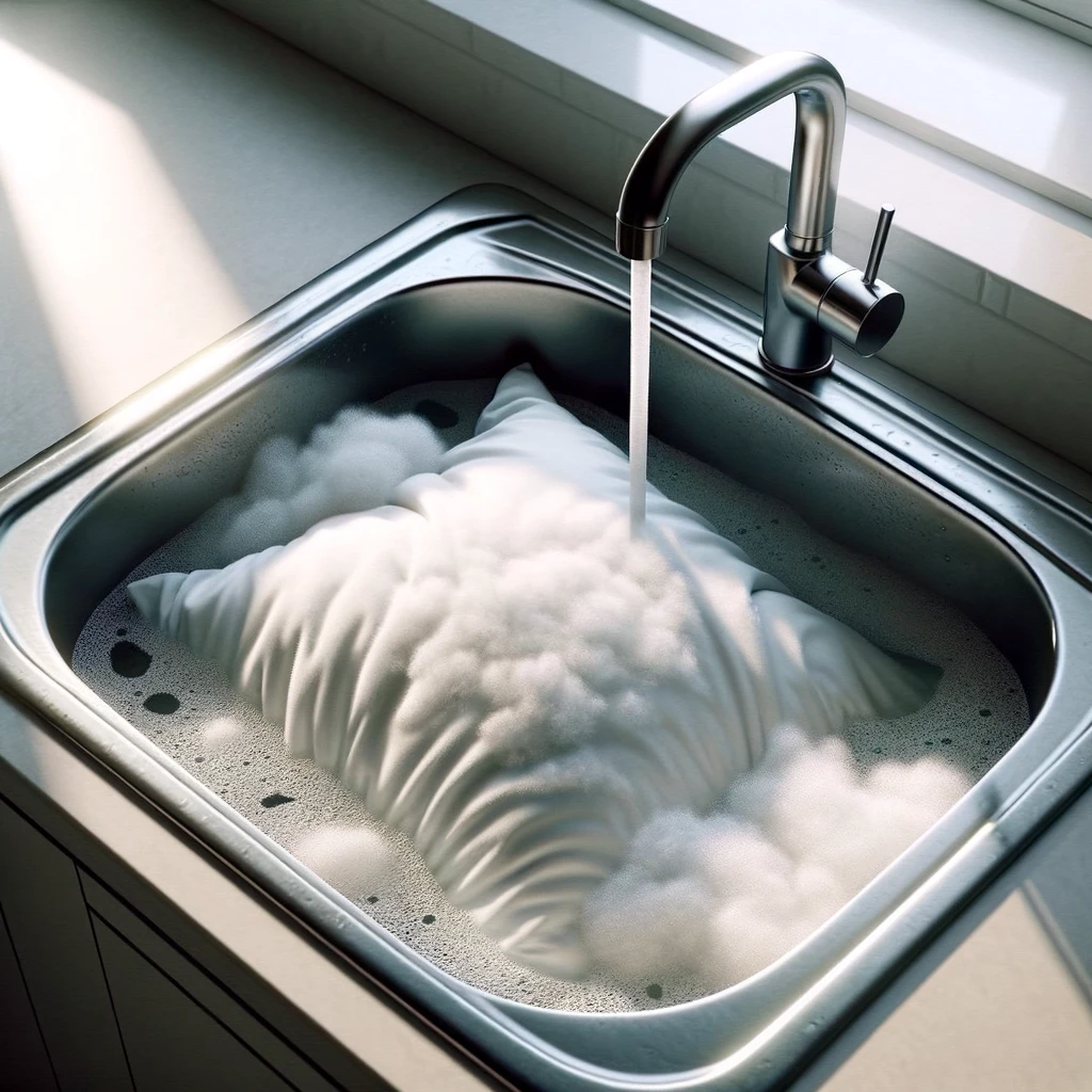 DALL·E 2024 02 21 11.14.16 Imagine a realistic scene in a domestic kitchen where a white fluffy pillow is being submerged in a stainless steel sink filled with water. The sink