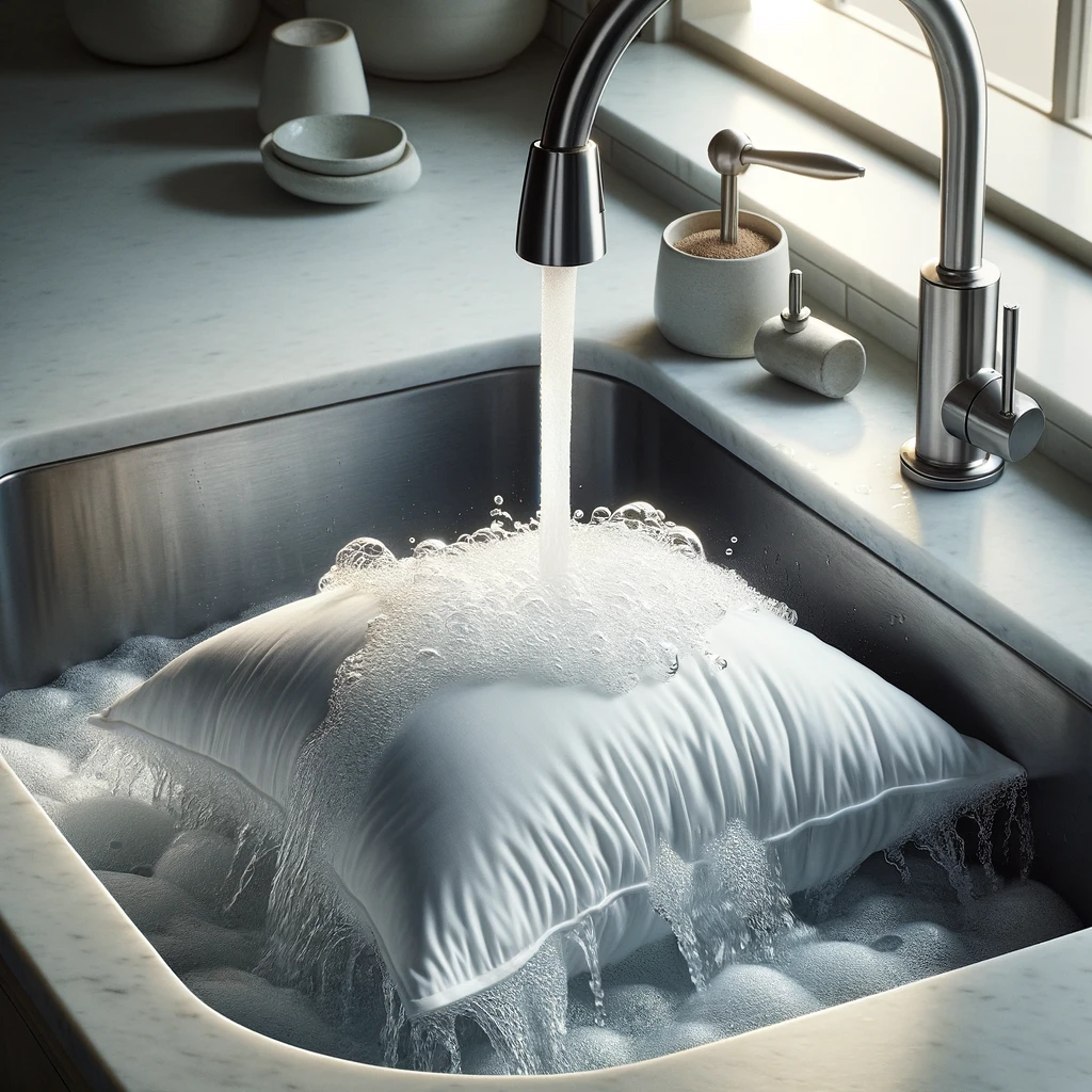 DALL·E 2024 02 21 11.23.31 Revise the scene to depict a more gentle rinsing of the white fluffy pillow. In this iteration the modern silver faucet in the stainless steel sink