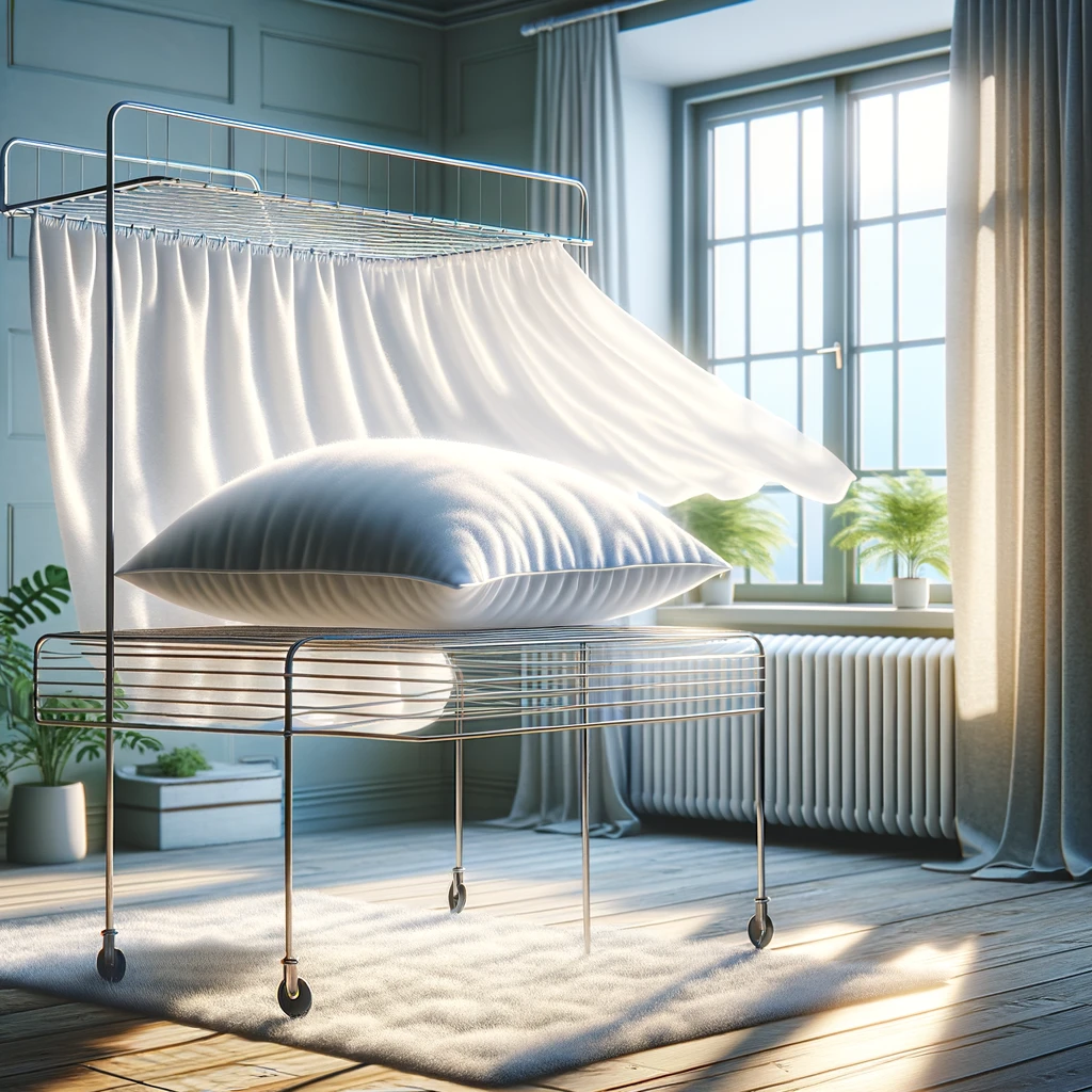 DALL·E 2024 02 21 11.29.44 Imagine the scene transitioning to a well ventilated indoor space away from direct sunlight where the white fluffy pillow is now placed on a drying