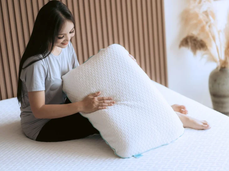 How to clean latex pillow - A woman's hand gently touching a Nosda Jumbo Pillow
